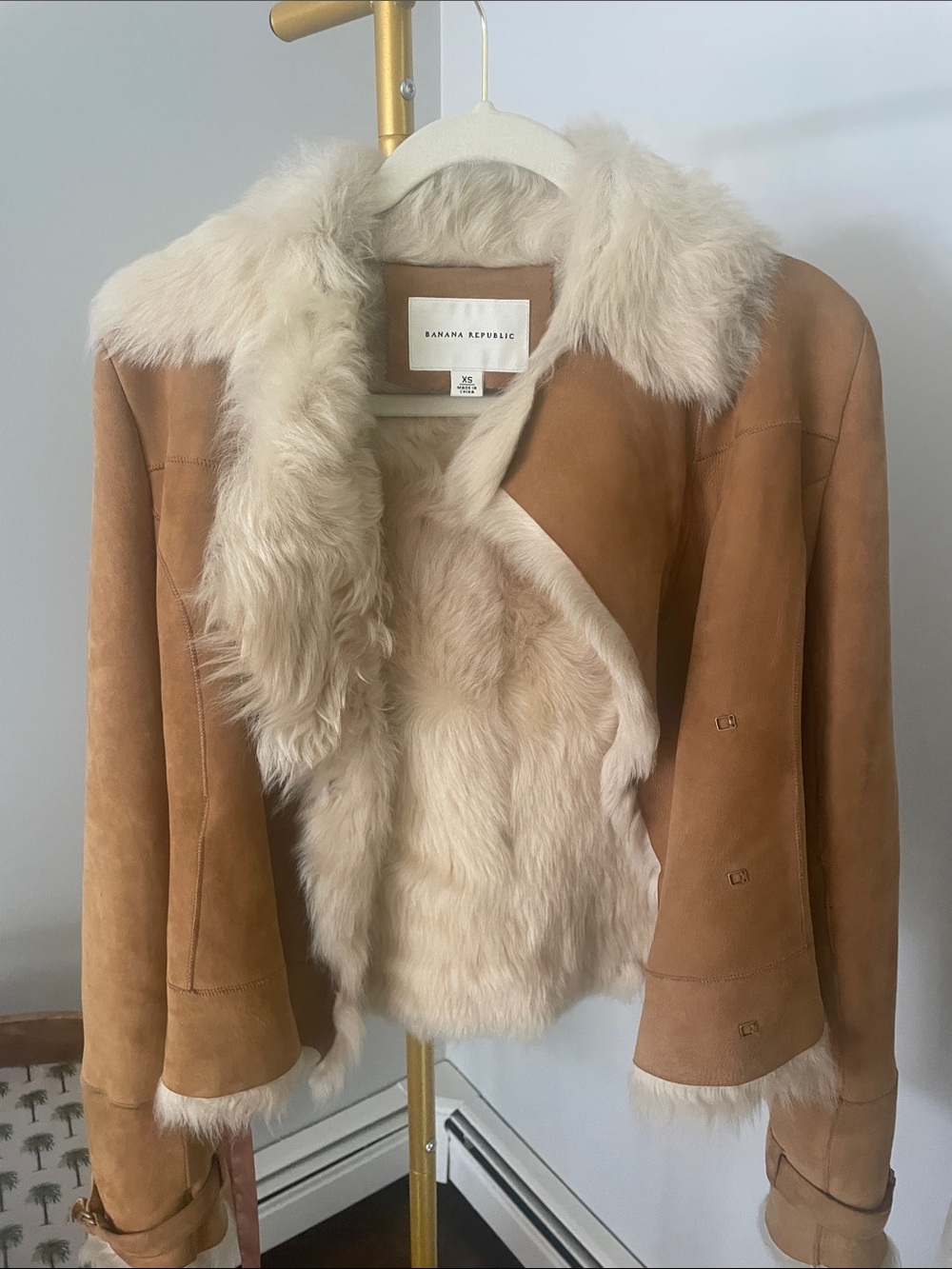 Banana Republic Tan Suede Shearling Jacket with Cream Fur Trim